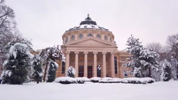 Румынский Athenaeum George Enfbu Ateneul Roman Зимняя Съемка Бухарест Румыния — стоковое видео