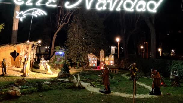 Wider View Big Nativity Scene Decoration Shepherds Way Moving Windmill — Vídeo de Stock