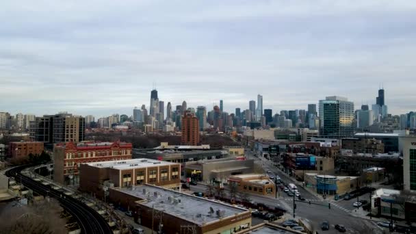 Famous American City Skyline Chicago Buildings Skyscrapers Aerial — Vídeo de Stock