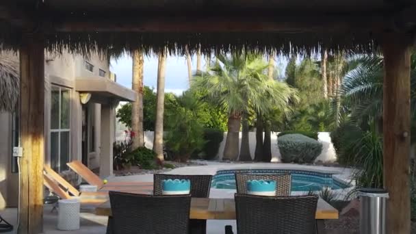 Tropical Cabana Outdoor Swimming Pool Luxury Vacation Home Backyard — стоковое видео