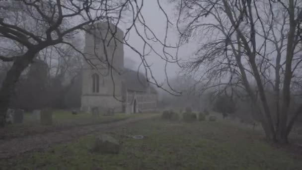 Stone Church Cementery England Foggy Day Dark Forest Winter — Stockvideo