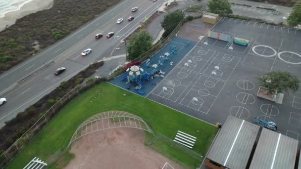 Drone Circles Empty School Playground Which Closed Due Corona Virus — 图库视频影像