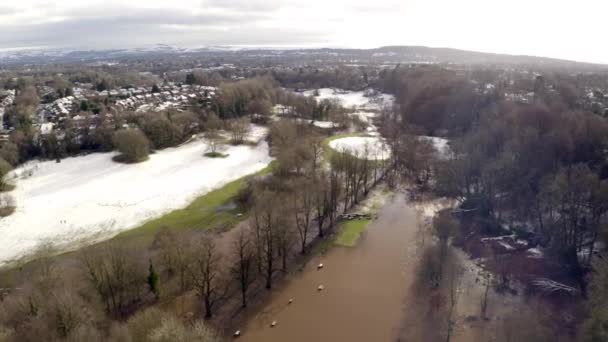 Aerial Footage Drone Showing River Bollin Wilmslow Cheshire Heavy Rain — ストック動画