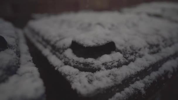 Close View Collection Bins Covered White Snow Flakes Winter Cambridge — Vídeos de Stock