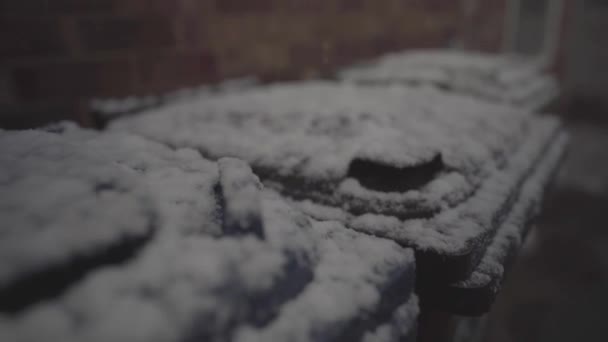 Close View Collection Bins Covered White Snow Flakes Winter Cambridge — Vídeo de Stock