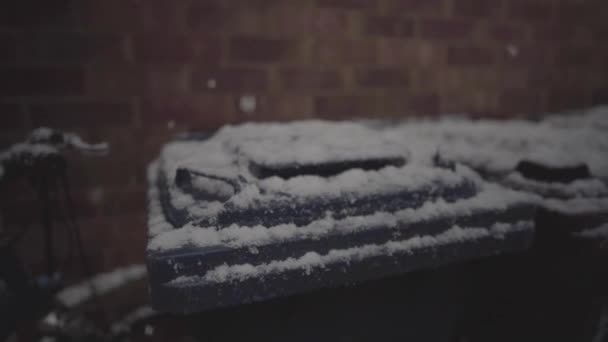 Close View Collection Bins Covered White Snow Flakes Winter Cambridge — Video Stock