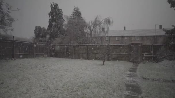 Snow Flakes Slow Motion Covering House Garden Cambridge England England — Video