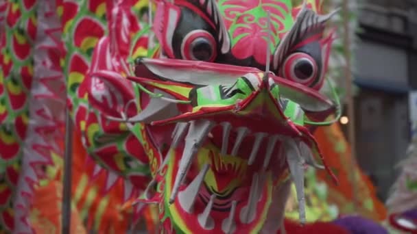 Close View Beautiful Head Chinese Dragon New Year Celebration Parade — Vídeos de Stock