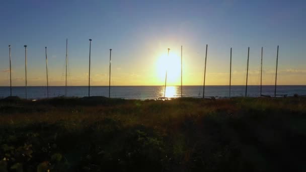 Удивительный Летающий Снимок Приближается Пляжу Рассвете — стоковое видео