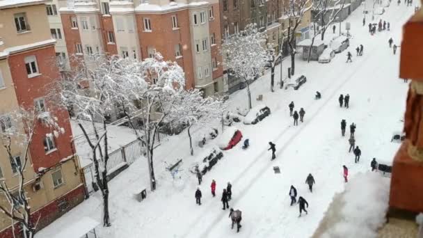 Heavily Snowed Street Madrid Viewed Window Lots People Walking Middle — Wideo stockowe