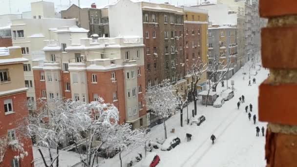 Heavily Snowed Street Madrid Viewed Window People Walk Middle Road — Vídeos de Stock