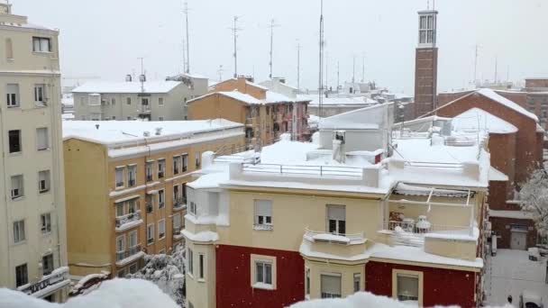Heavily Snowed Rooftops Buildings Madrid Spain Viewed Window Church Building — Vídeos de Stock