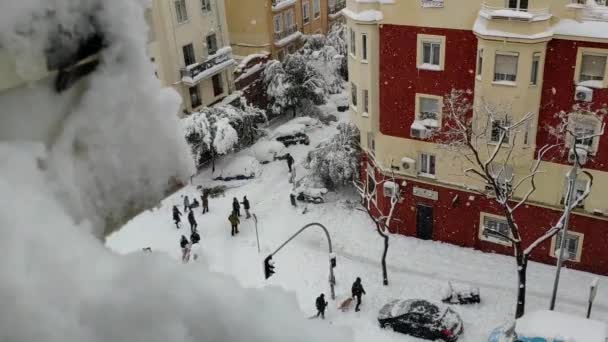 Madrid Street Full Snow Seen Window Roads Cars Completly Covered — Stockvideo