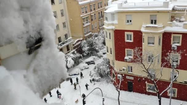 Madrid Street Full Snow Seen Window Roads Cars Completly Covered — Stockvideo