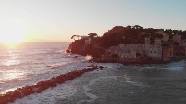 Aerial Baia Del Silenzio Sestri Levante Italy Ancient Church Sea — Videoclip de stoc