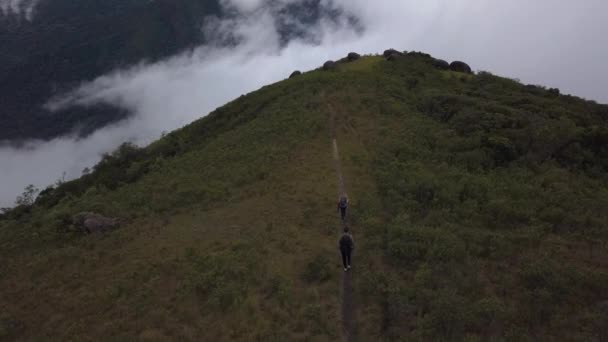 Aerial Couple Hikers Walking Atlantic Forest Mountain Rio Janeiro Brazil — ストック動画