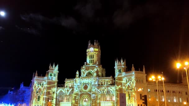 Famous Cybele Palace Building Madrid Night Spain Decorated Christmas Animated — Stockvideo