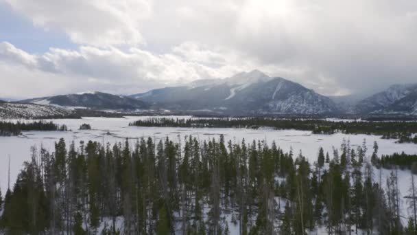 Aerial Moving Forward Reveal Icy Frozen Lake Surrounded Snow Green — Wideo stockowe