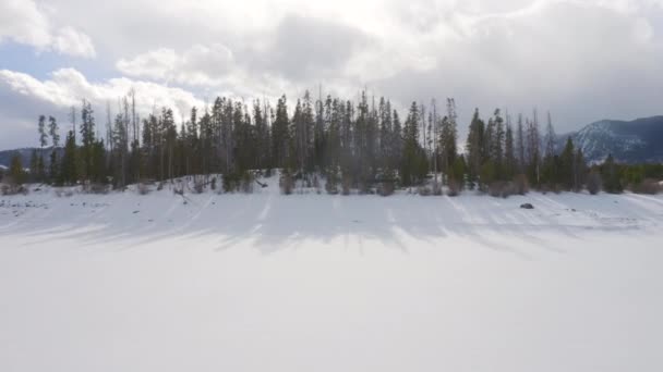 Aerial Moving Forward Reveal Icy Frozen Lake Surrounded Snow Green — Stock videók