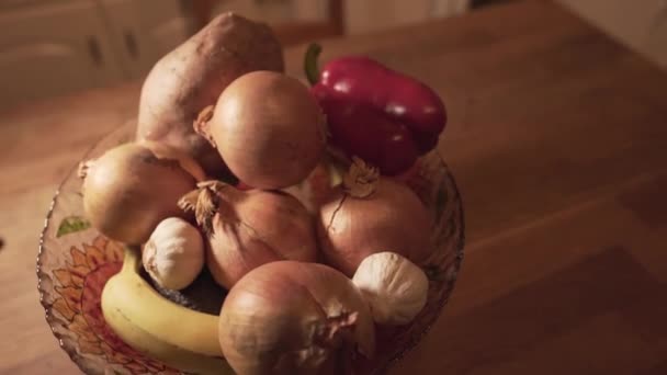 Close View Glass Kitchen Bowl Containing Raw Vegetables Ingredients Cooking — Stock Video