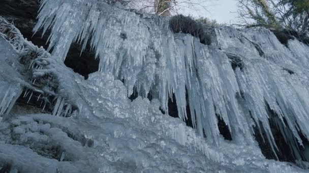 Icicle Chunks Hanging Stone Wall — ストック動画