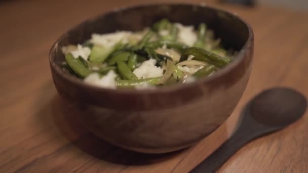 Amazing Coconut Bowl Dish Green Vegetables Onion Beans White Rice — Vídeo de stock