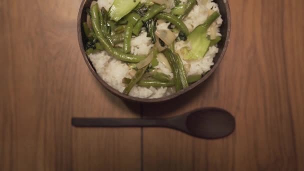 Amazing Coconut Bowl Dish Green Vegetables Onion Beans White Rice — Stock video