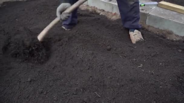 Gardener Spreading Topsoil Garden Shovel Close Shot — 비디오
