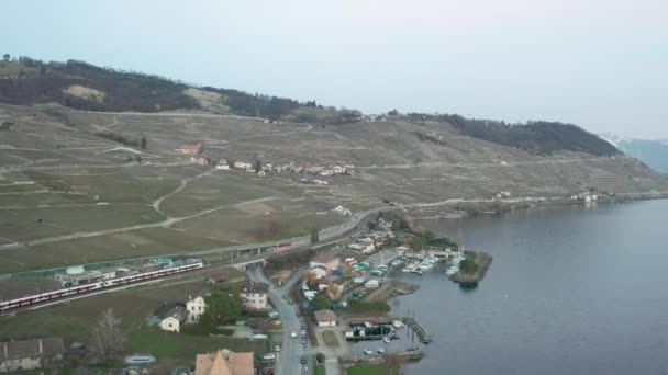 Aerial Train Driving Beautiful Swiss Landscape — Stok video