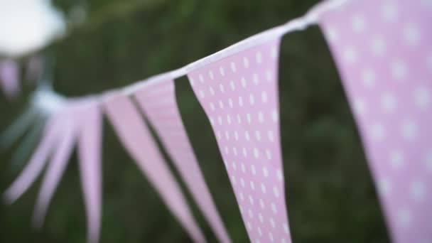 Pink Flag Decoration Haging Garden Party Summer Detail Slow Motion — ストック動画