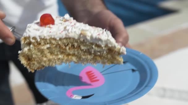 Serving Piece Swwet Celebration Cake Blue Paper Plate Birthday Party — Stockvideo