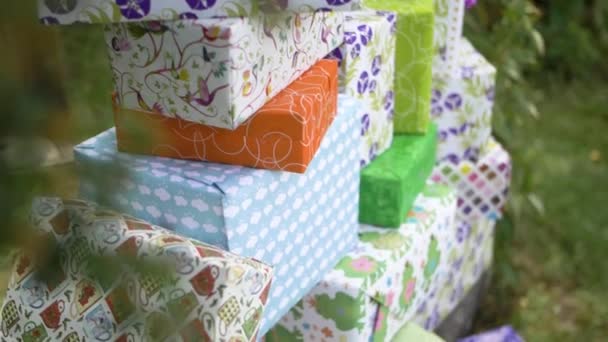 Big Pile Gift Boxes Colorful Wrapped Birthday Celebration — Video Stock