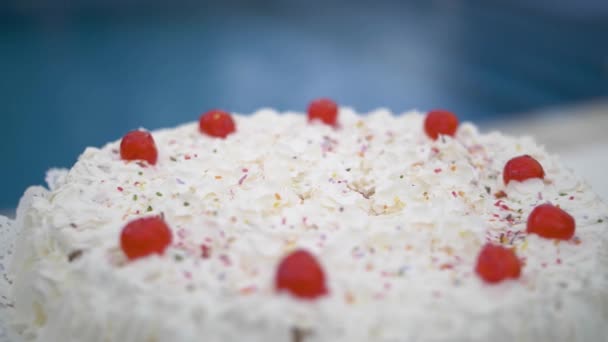 Sweet Homemade White Birthday Cream Cake Red Candy Cherries Colorful — Stockvideo