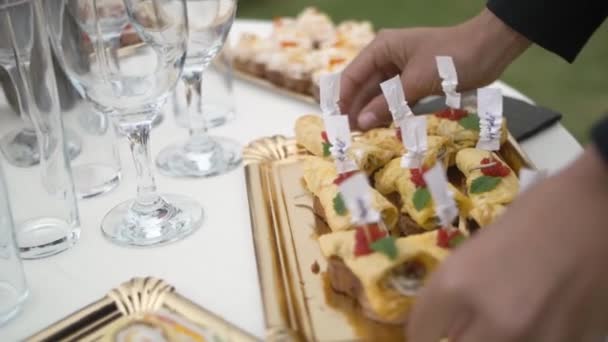 Detail Catering Snack Served Table Outdoors Event Detail Slow Moition — Vídeos de Stock