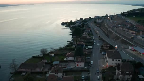 Aerial Reveal Large Lake Small Town — Vídeos de Stock