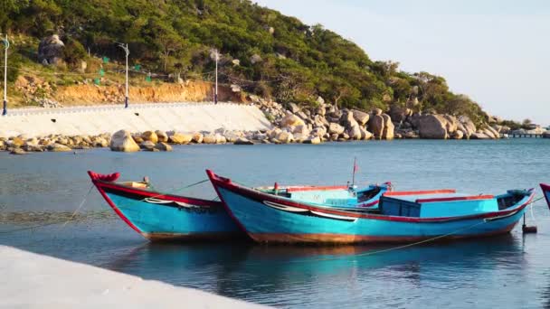 Small Boats Painted Vivid Blue Quiet Haven Vinh Bay Vietnam — ストック動画