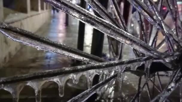 Bicycle Covered Ice Frozen Rain Phenomenon City Winter Time Closeup — 图库视频影像