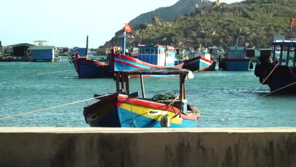 Maritime Scenery Secluded Vinh Bay Old Fashioned Blue Fishing Boats — Stock video
