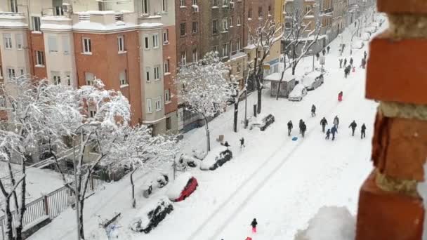 Heavily Snowed Street Madrid Viewed Window Lots People Walking Middle — Stok video