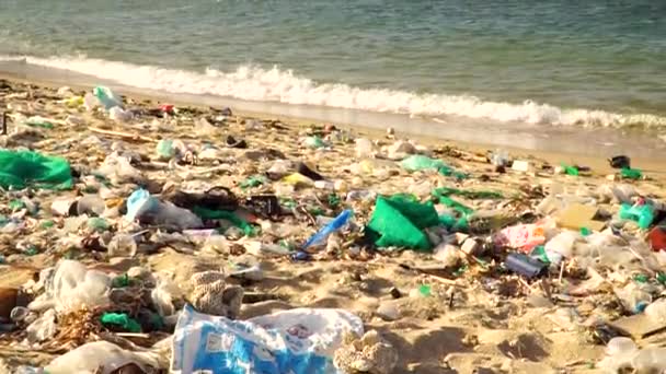 Polluted Paradise Beach Vietnam Phu Hung Covered Disposable Plastic Bags — Stockvideo