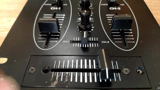 Close Mixer Hand Grabs Crossfader Moves One Side Other Repeatedly — Wideo stockowe