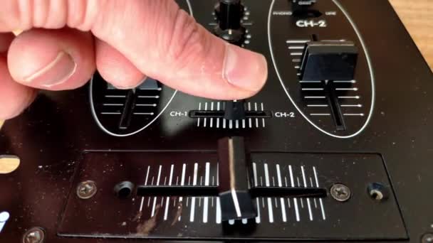 Close Mixer Hand Grabs Cue Fader Moves One Side Other — Stock video