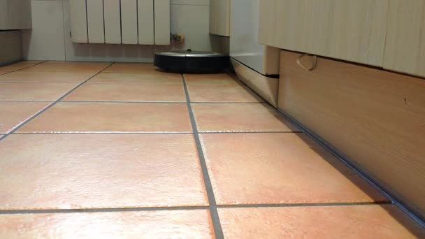 Hoovering Robot Going Kitchen Floor Made Tiles Hits Corner Turns — Wideo stockowe