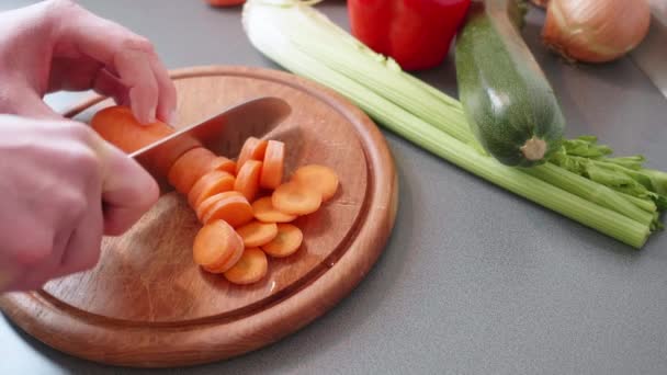 Медленное Движение Разрезания Моркови Маленькие Колеса — стоковое видео