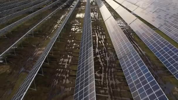 Flying Construction Solar Power Plant Muddy Tracks Solar Panels — Stockvideo