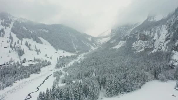 Aerial Reveal Small Town Snow Covered Swiss Landscape — Video