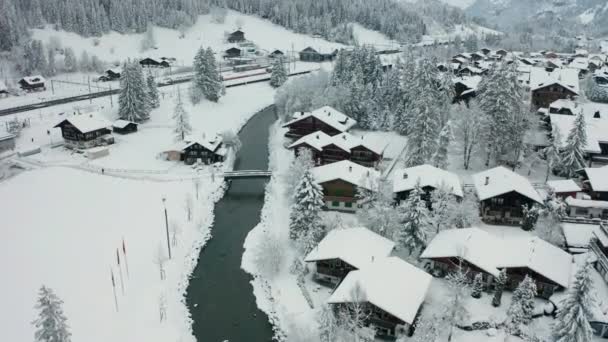 Aerial Reveal Beautiful Snow Covered Town Switzerland — Vídeo de Stock