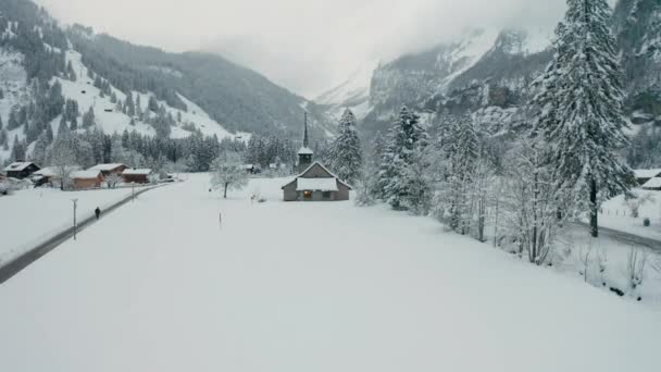 Flying Small Church Snow Covered Village — Wideo stockowe