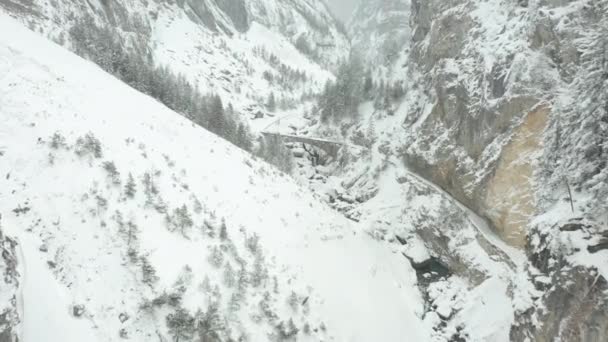 Aerial Stone Bridge Small River Snow Covered Landscape — Video Stock