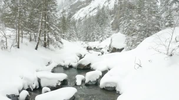 Flying Low Small Stream Snow Covered Landscape — Vídeos de Stock